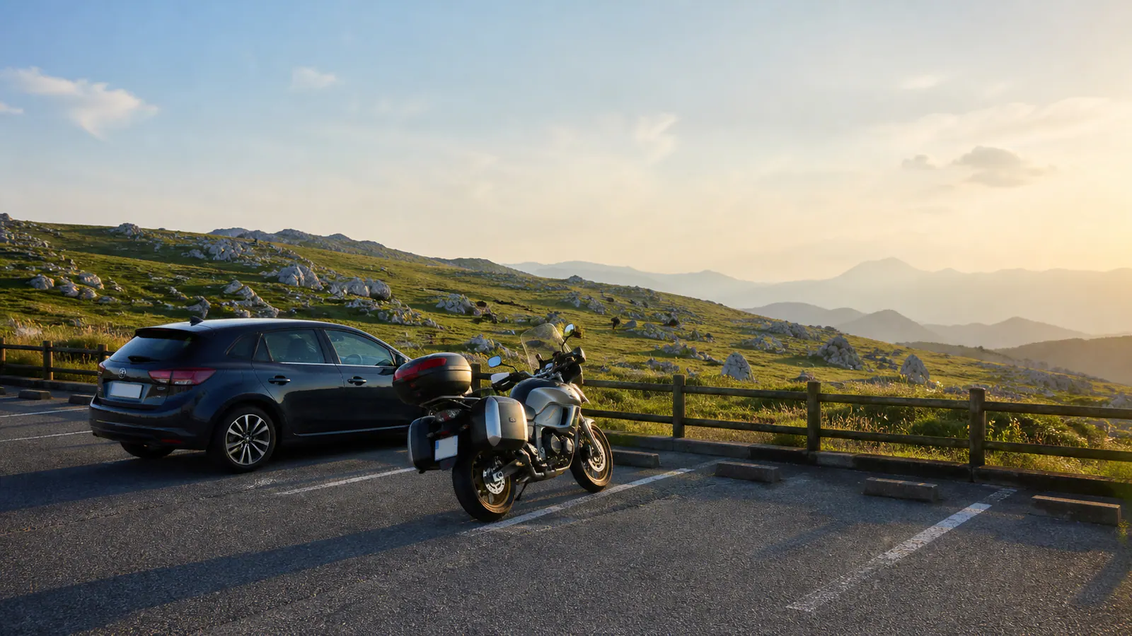 夕方の四国カルストで草原と石灰岩を眺める車とバイク