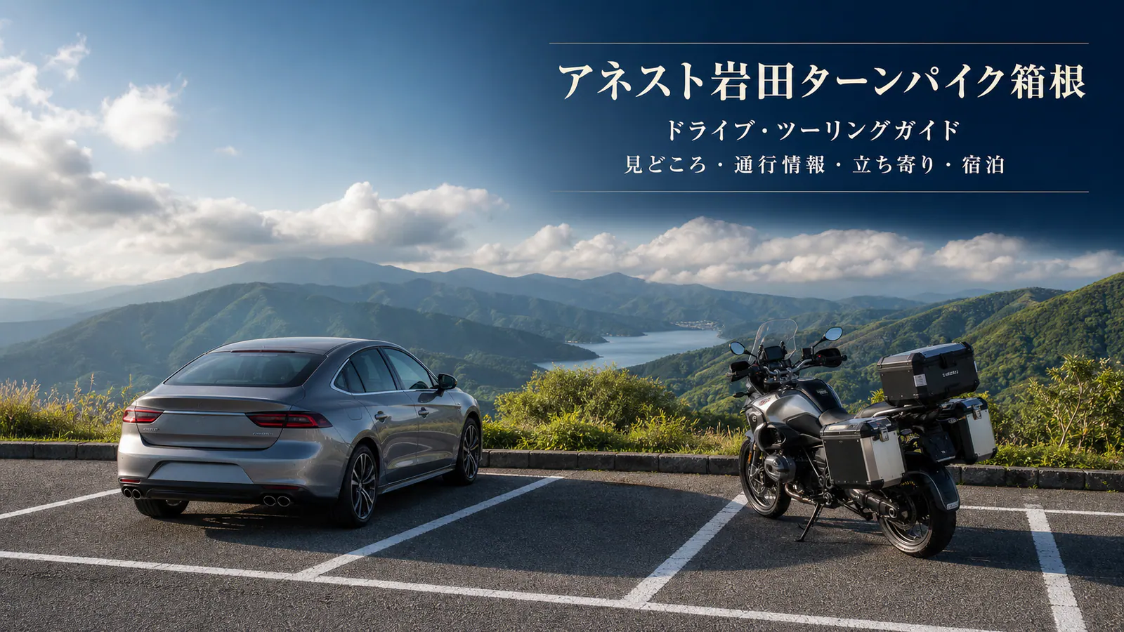 箱根の山々を望む指定駐車場で別々の区画に停めた車とツーリングバイク