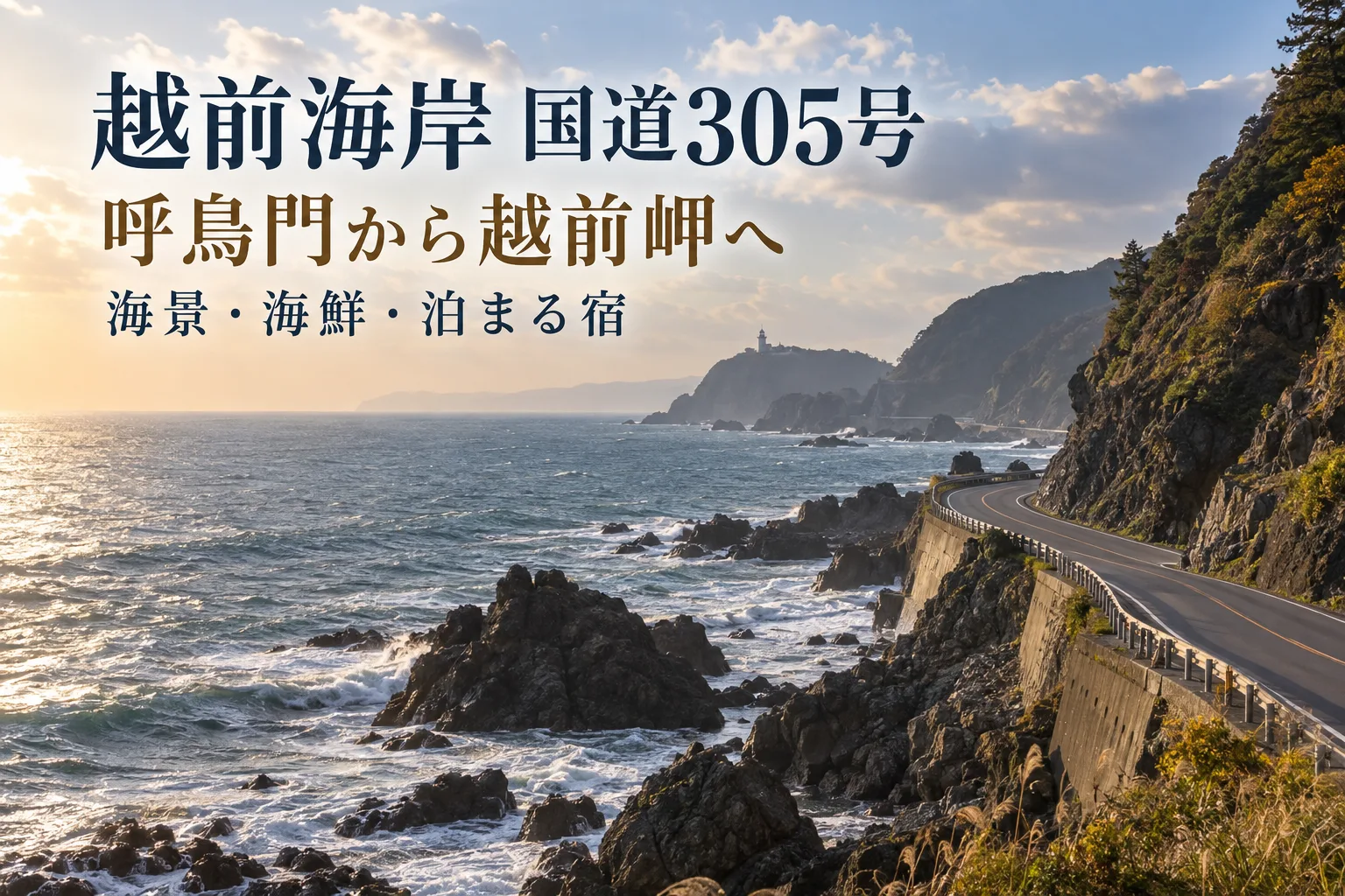 越前海岸の海沿いの道をイメージした写真調の生成画像に越前海岸 国道305号・呼鳥門から越前岬へ・海景 海鮮 泊まる宿の文字