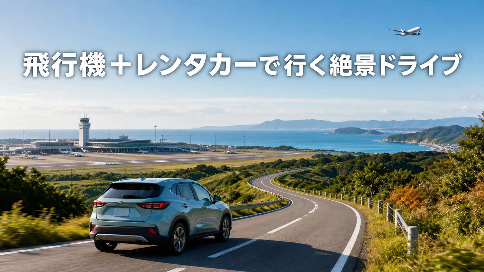 飛行機で地域の空港へ到着し、レンタカーで海沿いの絶景道路へ向かう旅のイメージ