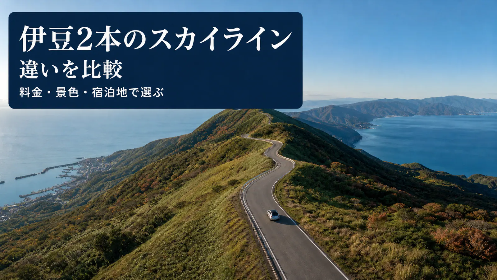 東伊豆の海と西伊豆の駿河湾を稜線道路がつなぐ景色と、伊豆2本のスカイライン比較の文字