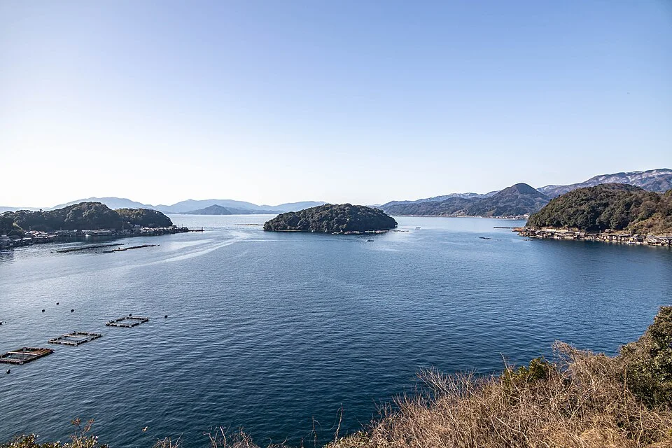 周囲を緑の山に囲まれた伊根湾の眺め