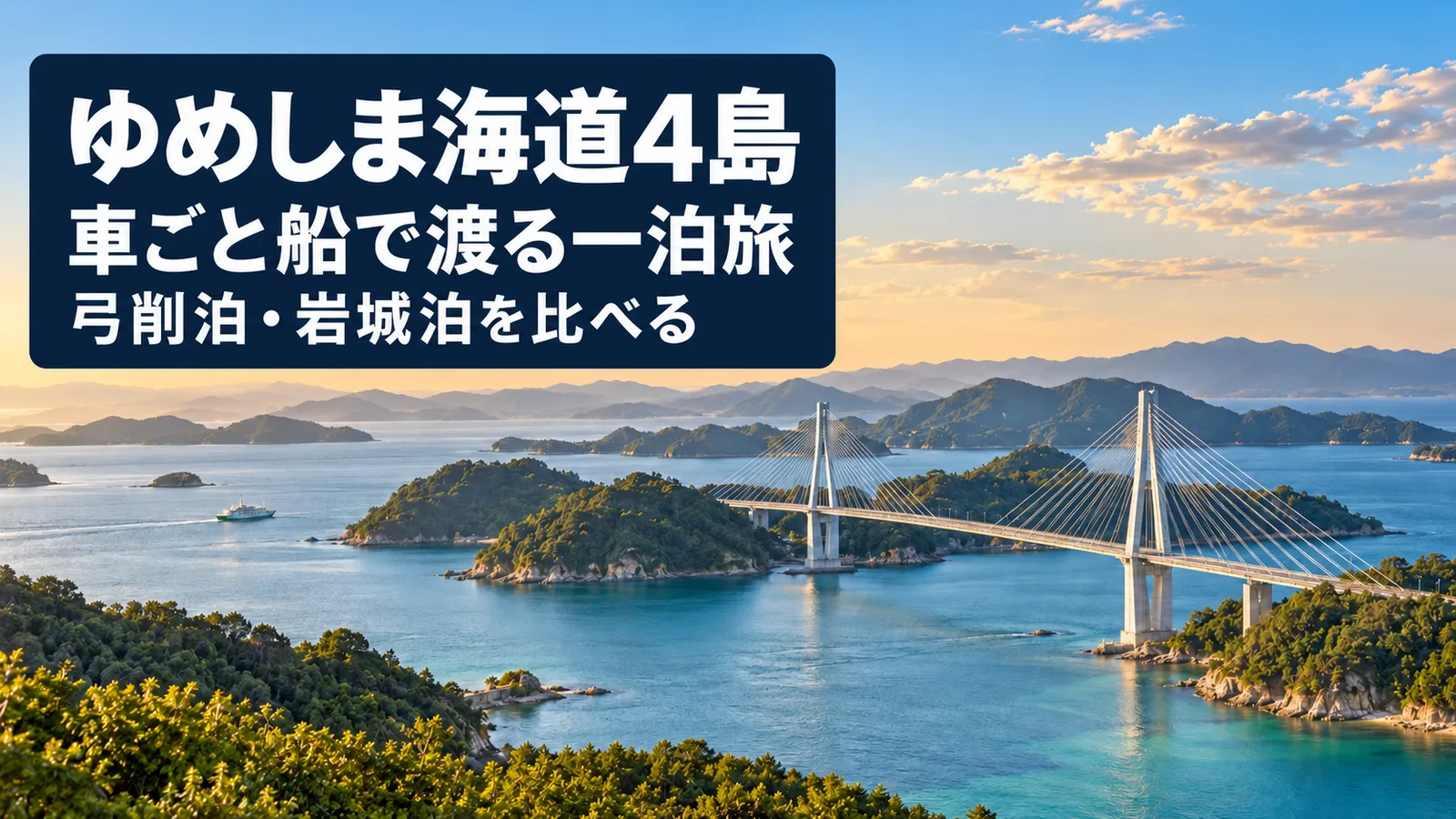 ゆめしま海道の島々と橋に、一泊ドライブの案内を添えた写真調の生成イメージ